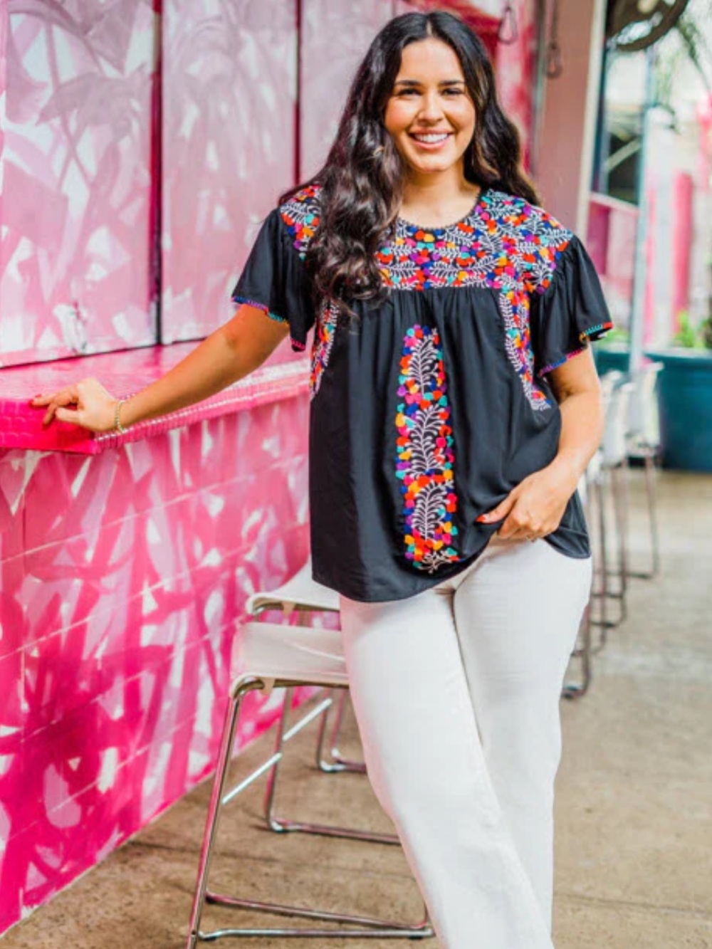 Layerz Multi-Color Embroidered Flutter Sleeve Top